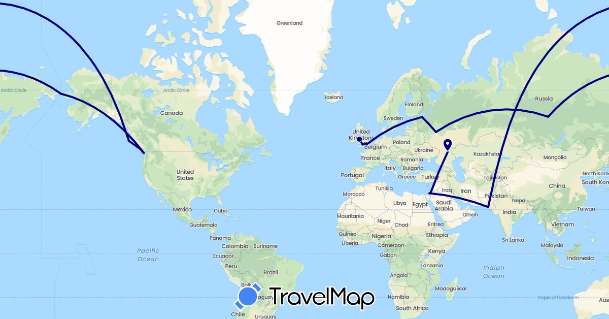 TravelMap itinerary: driving in Canada, United Kingdom, Israel, Pakistan, Palestinian Territories, Russia (Asia, Europe, North America)